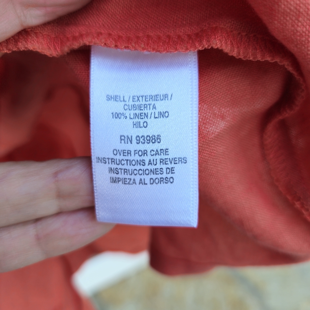 100% LINEN  button up tie waist coral dress, sleeveless w collar 052 - Picture 8 of 8